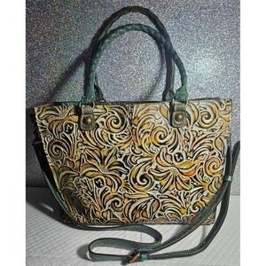 Patricia Nash Tooled Leather Satchel Convertible Hand / Shoulder Bag Teal Floral